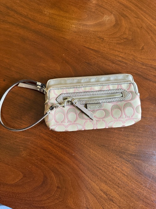 Coach Handbags - Coach Pink and Beige Signature Canvas Wristlet